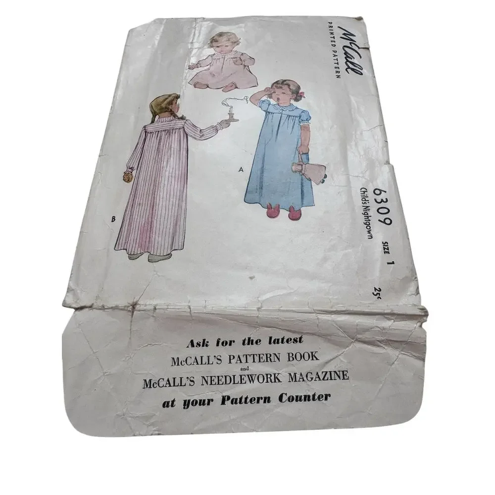 Vintage 1945 Kids Nightgown Pattern Size 1 MCCALLS 10 pieces Cut #6309 Girls